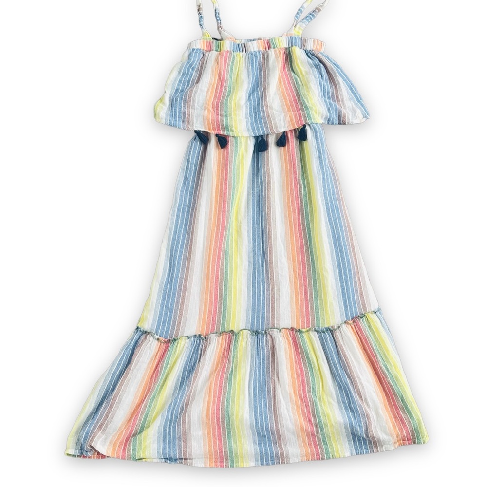 THML Rainbow Stripe Tassel Midi Dress Sz XS 100% Cotton Summer Beach Casual Boho